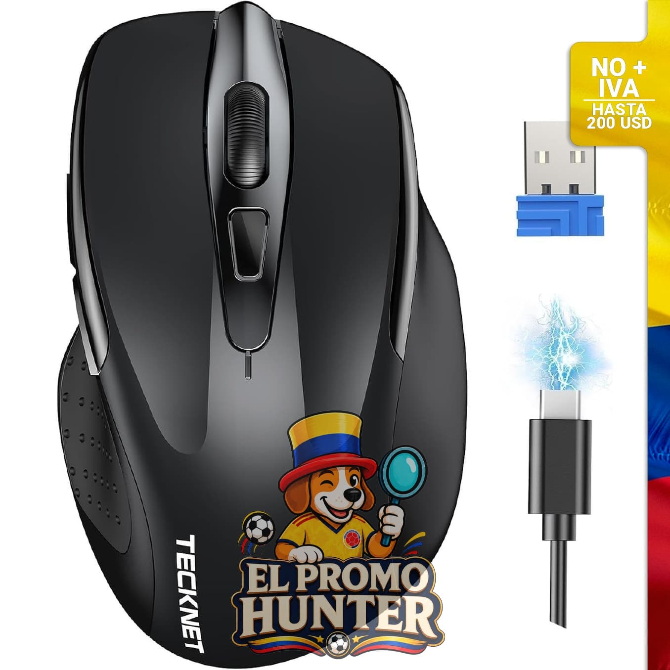 Mouse inalámbrico TeckNet Pro M003, conexión 2.4G, batería de 800 mAh, carga rápida, clic silencioso, 6 niveles de DPI hasta 4800.
