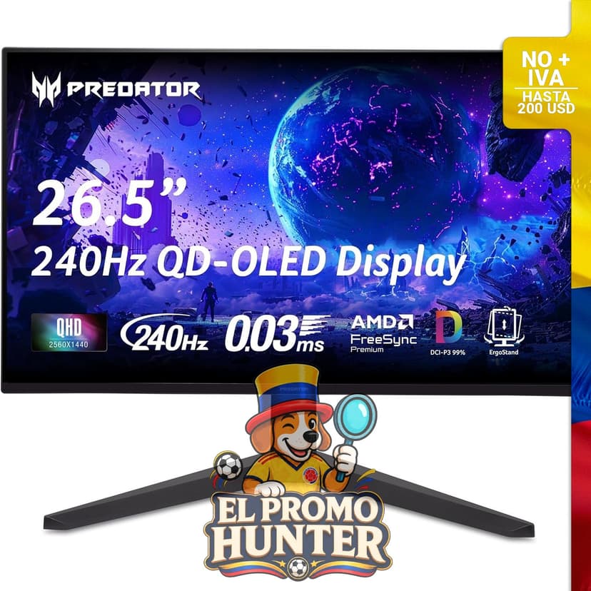 Monitor Acer Predator de 26.5" (67.3 cm) WQHD 2560x1440 QD-OLED, 240Hz, AMD FreeSync Premium.