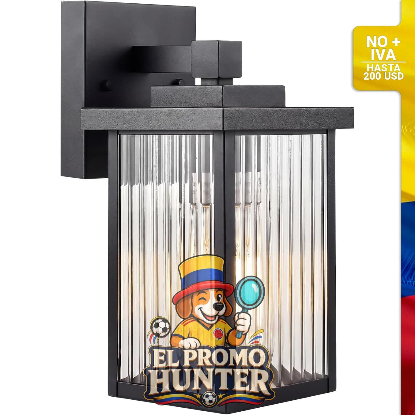 Aplique de pared Hameso negro con luz exterior y cristal texturizado.