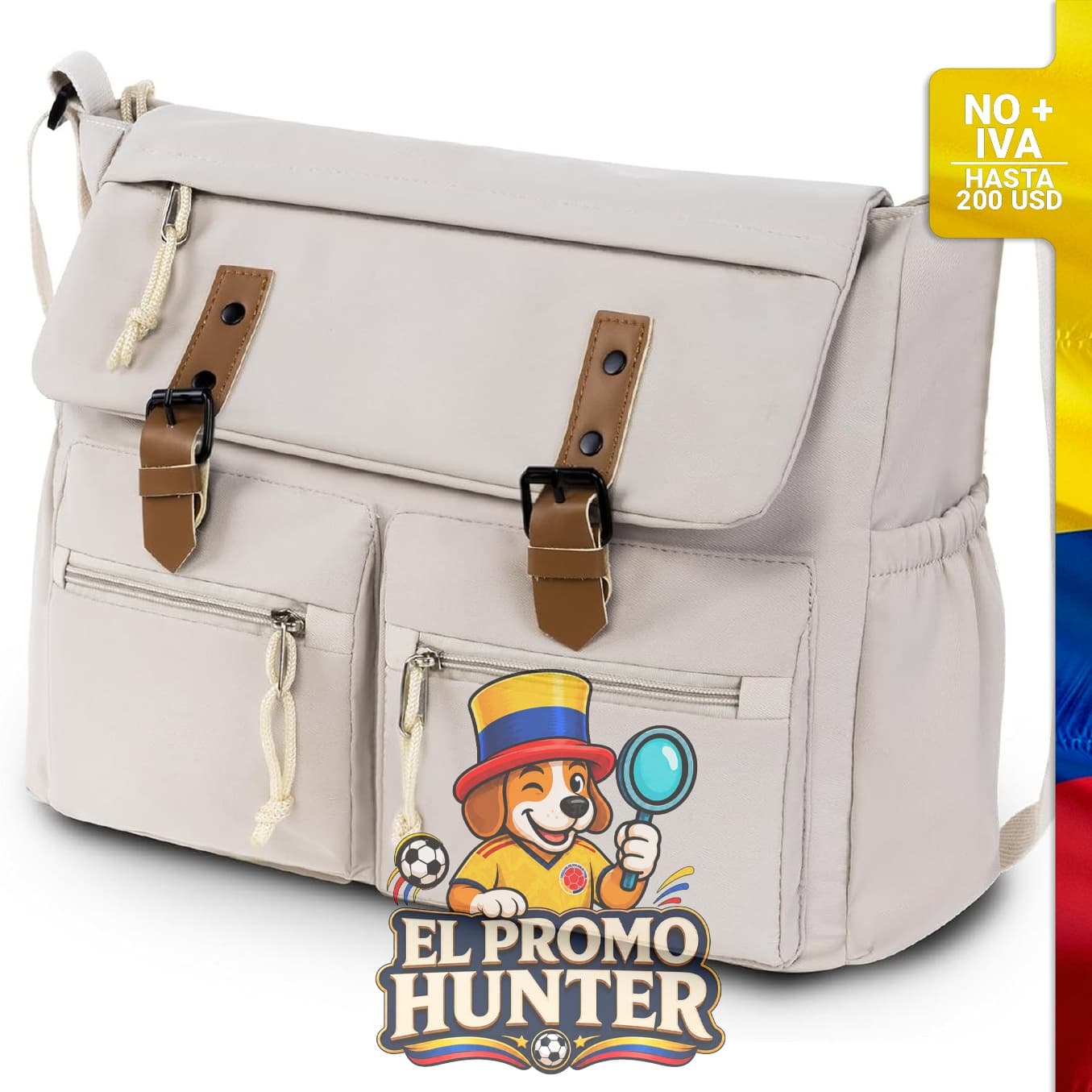 Bolso mensajero de lona para laptops de hasta 15.6" con correa ajustable.