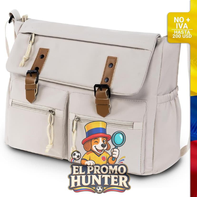 Bolso mensajero de lona para laptops de hasta 15.6" con correa ajustable.