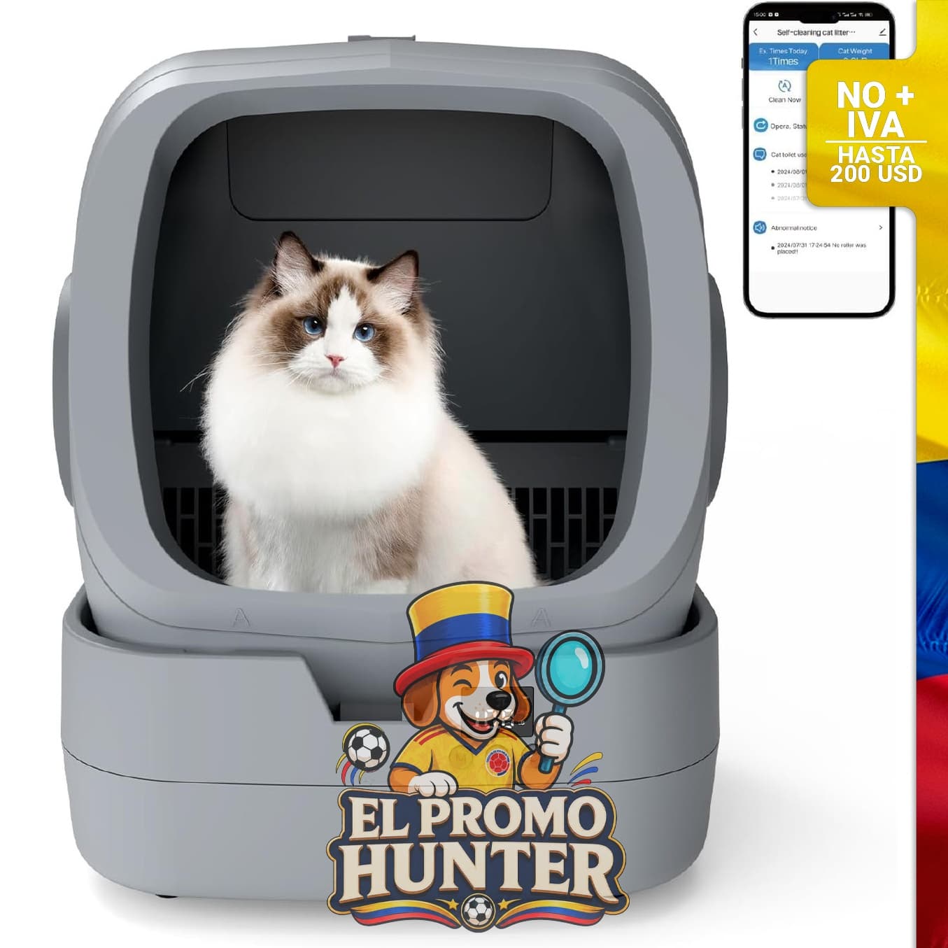 Caja de arena automática para gatos, autolimpiante, control de aplicación y monitoreo de peso.
