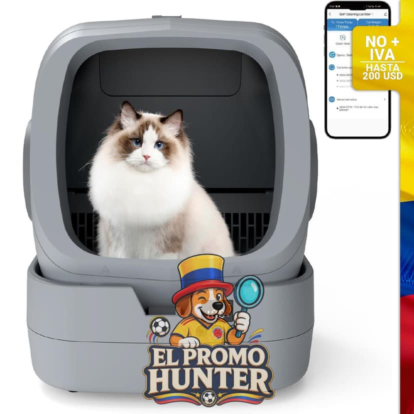 Caja de arena automática para gatos, autolimpiante, control de aplicación y monitoreo de peso.
