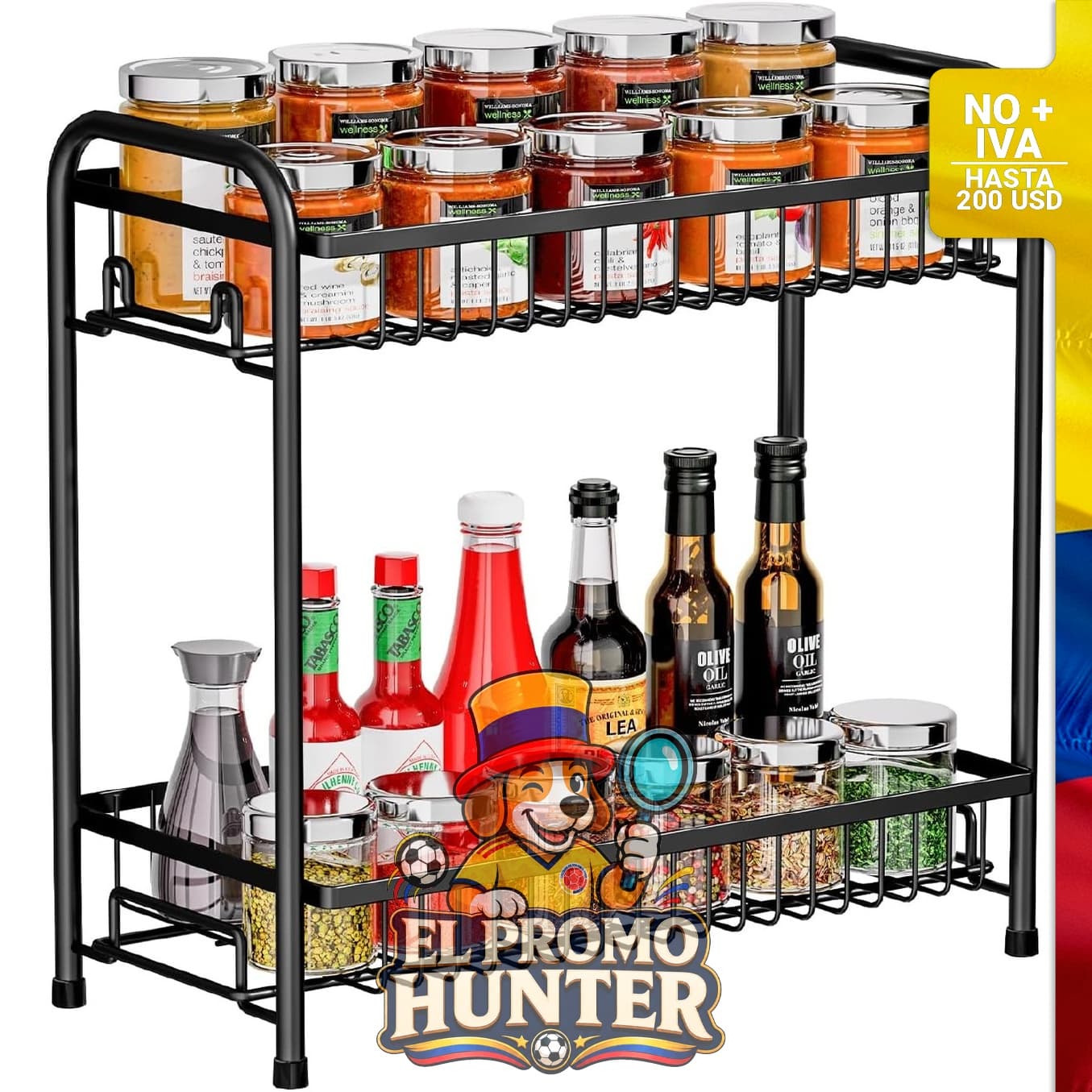 Organizador de especias AURIKAR, estante metálico de 2 niveles para cocinas y alacenas.