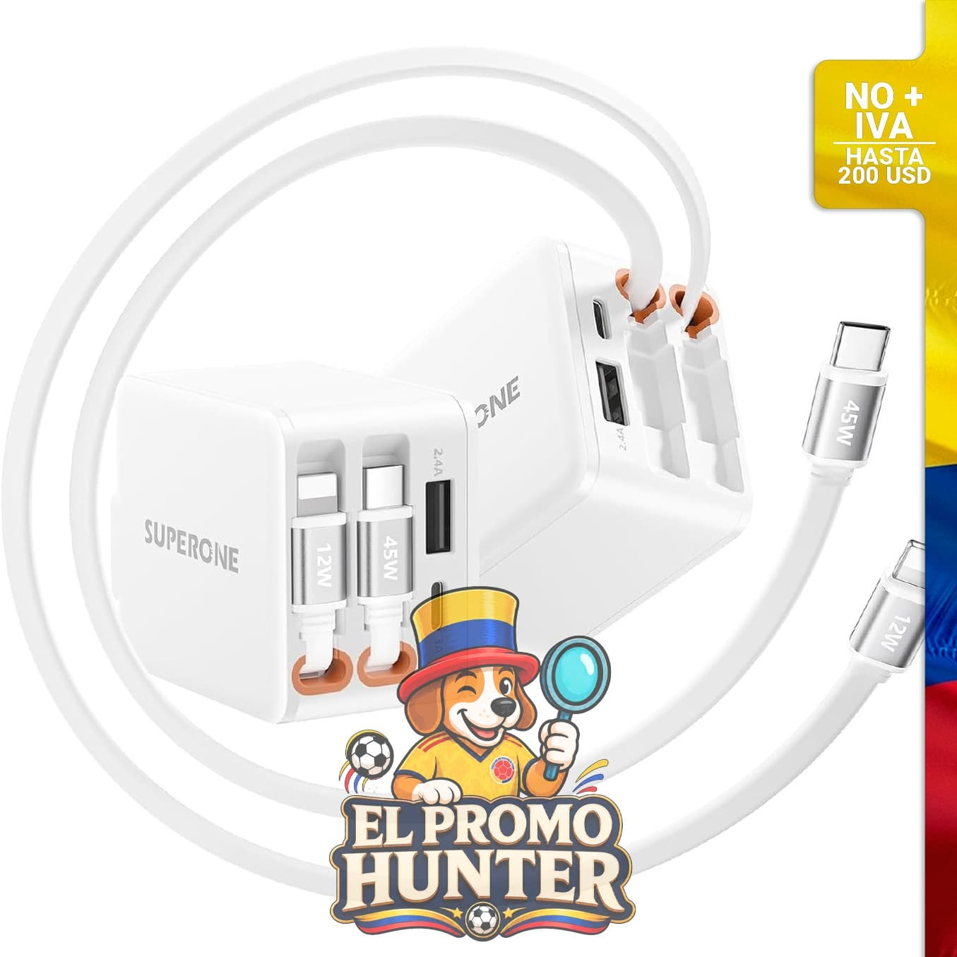 Cargador retráctil SUPERONE de 84W, 4-en-1 con cables duales y alta velocidad.