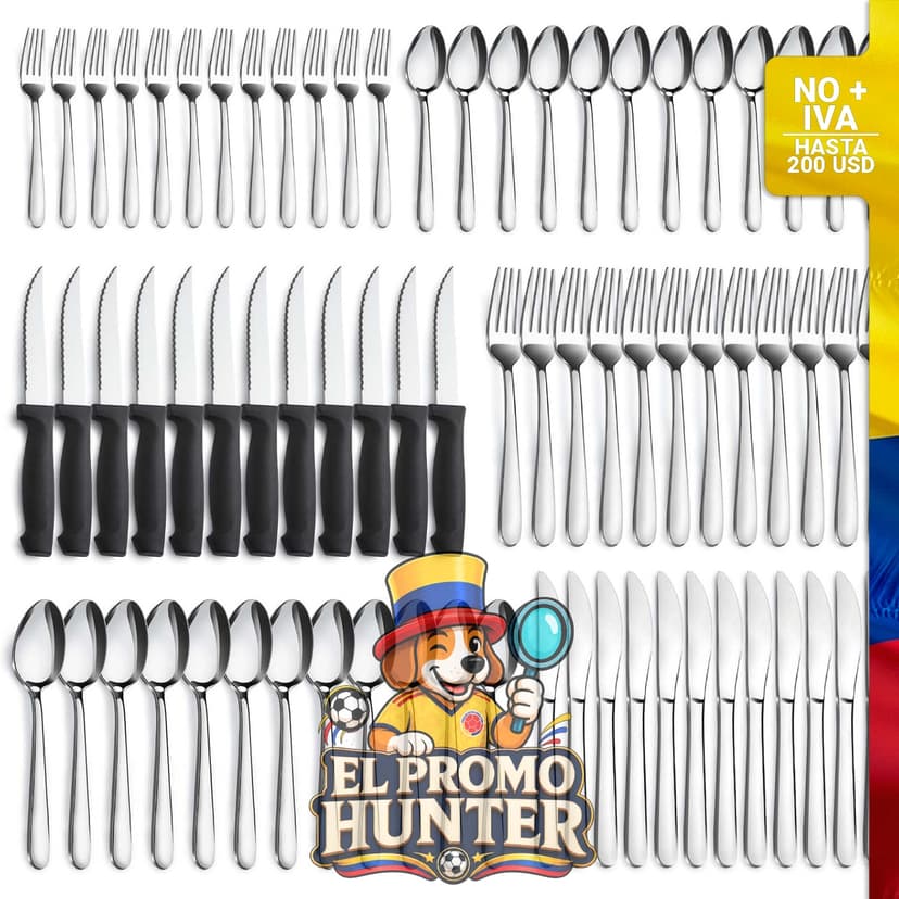 Juego de cubiertos de acero inoxidable de 72 piezas para 12 personas, incluye cuchillos de carne.