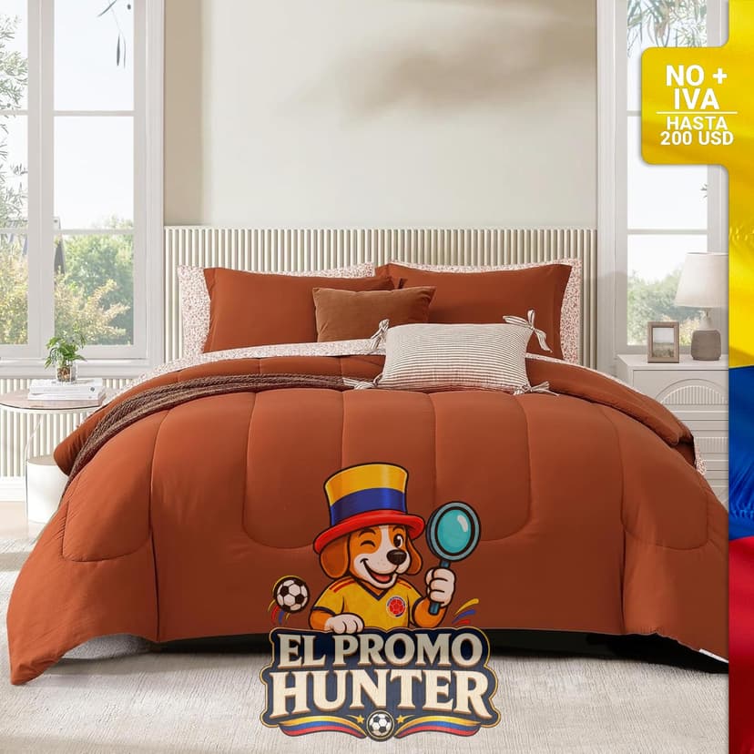 Juego de cama de 7 piezas, incluye edredón, sábanas y fundas de almohada, tamaño matrimonial.