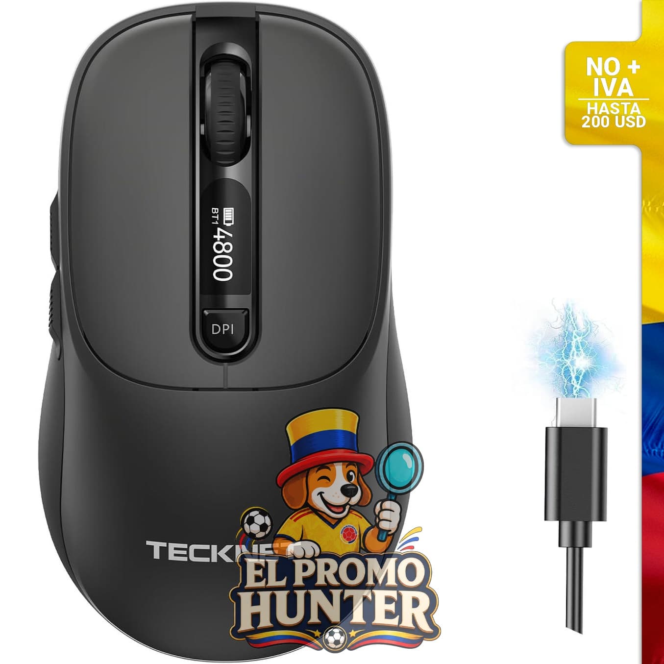 Ratón inalámbrico TECKNET con conexión Bluetooth 5.2/5.0 y 2.4G, recargable por USB tipo C, 4800 DPI.
