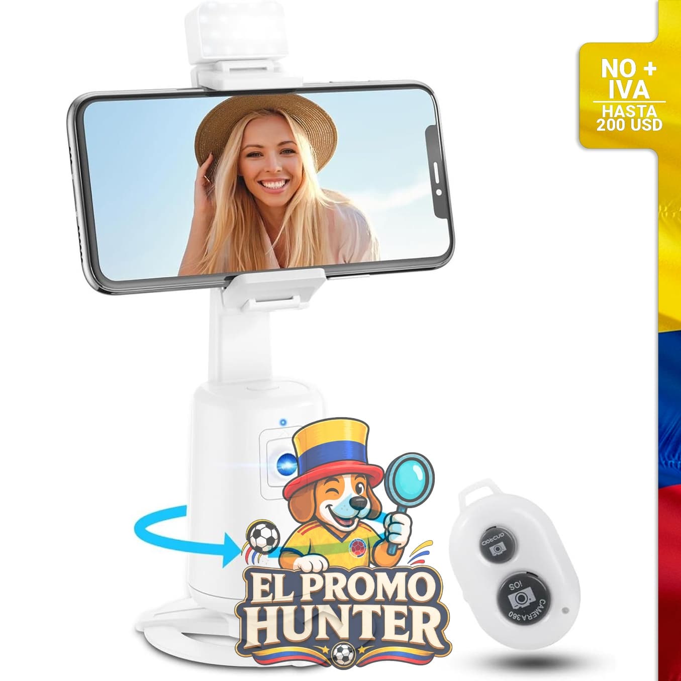 Trípode giratorio de 360° para teléfonos celulares, con control remoto y soporte de disparo inteligente.