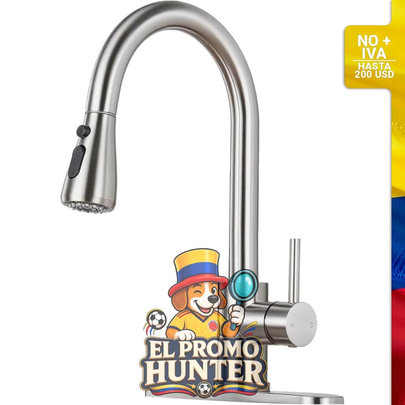 Grifo de cocina de acero inoxidable con rociador desplegable, manija única, 3 modos de rociado, giro de 360°.