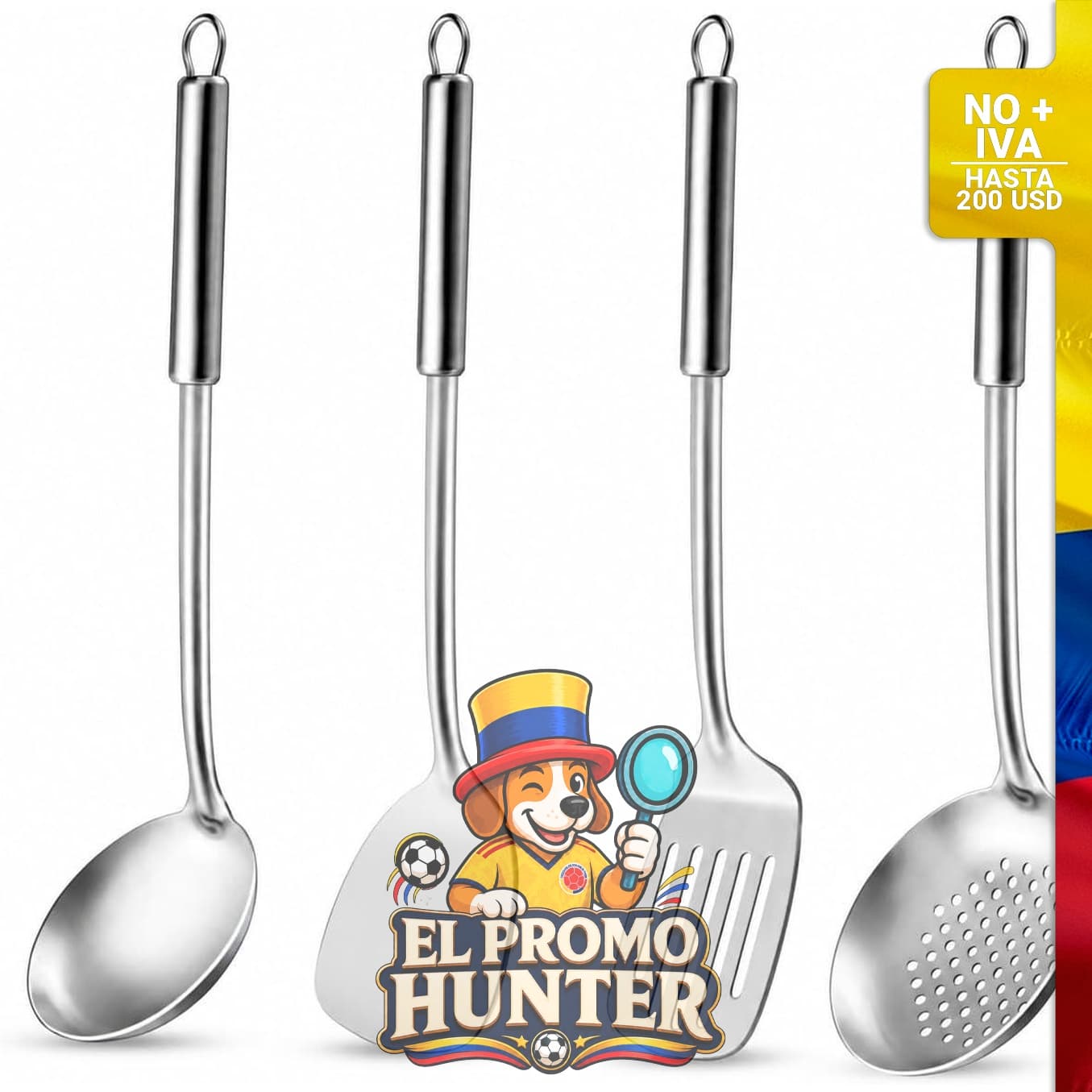 Juego de 4 utensilios de cocina de acero inoxidable, incluye cucharón de wok, cuchara ranurada y espátulas.