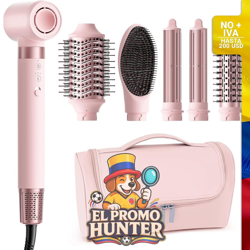 Moldeador de aire caliente 6 en 1 para estilizar el cabello, incluye cepillo redondo térmico.
