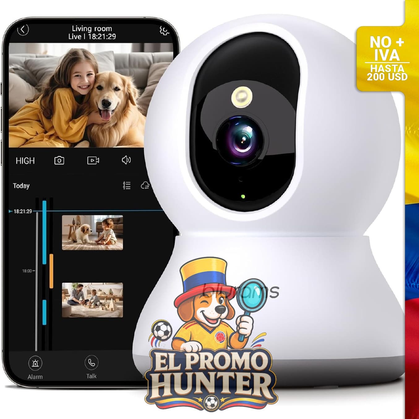 Cámara de seguridad 2K con visión nocturna IR y seguimiento de movimiento, compatible con aplicación móvil.