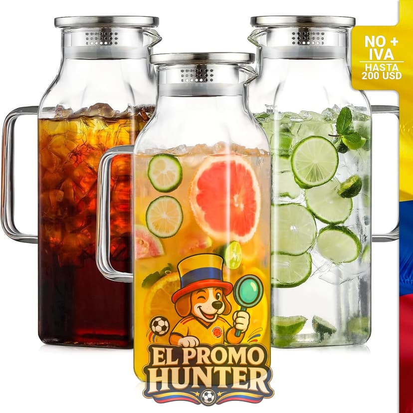 Paquete de 3 jarras cuadradas de vidrio de 2 L (68 oz) con tapa y asa, aptas para bebidas frías y calientes.