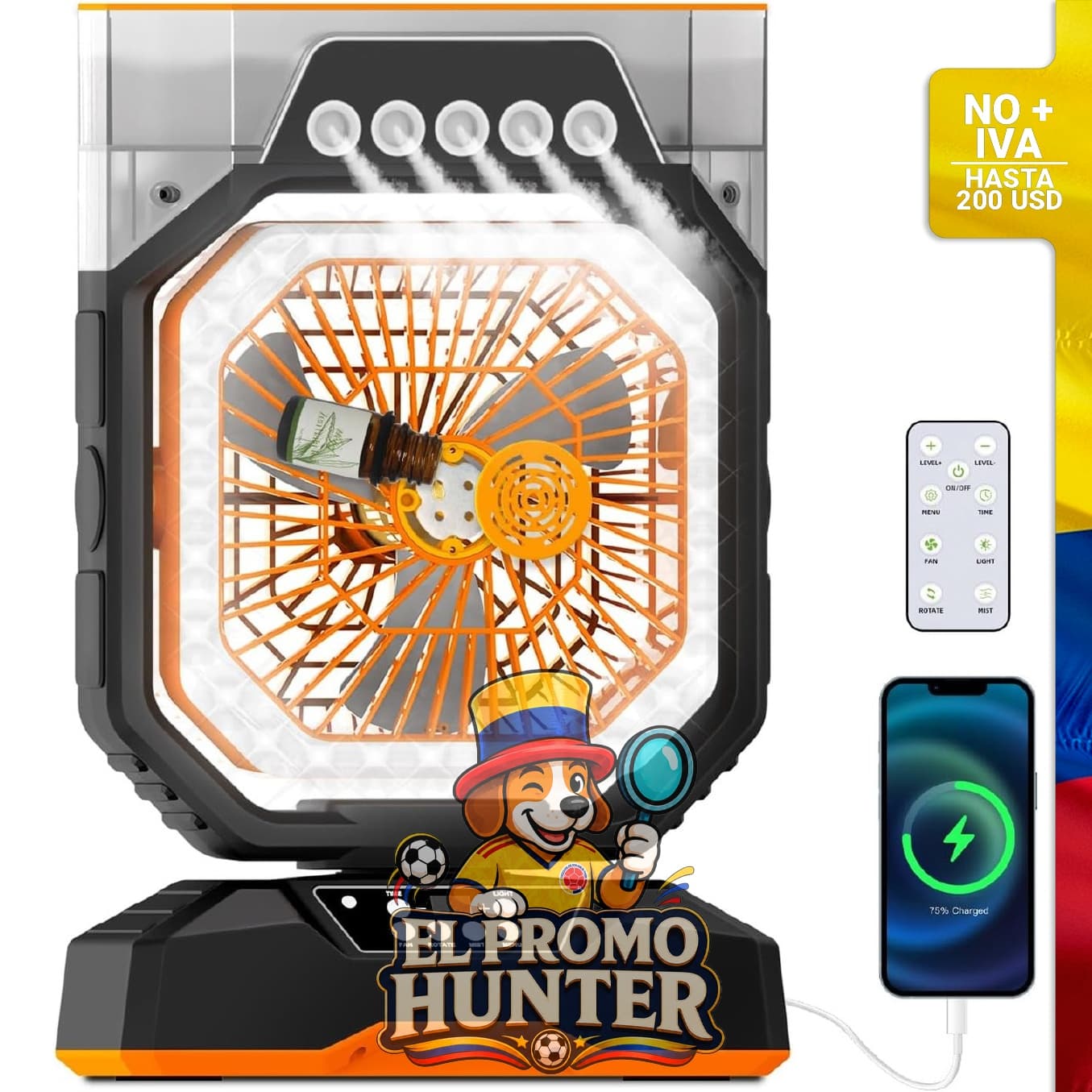 Ventilador de escritorio portátil con 5 velocidades y pulverizadores, tanque de agua de 560 ml, batería de 27000 mAh.