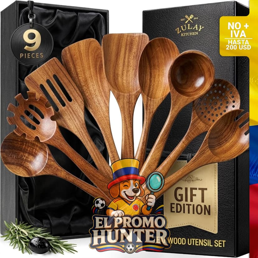 Juego de 9 utensilios de cocina de madera de teca natural en caja de regalo.