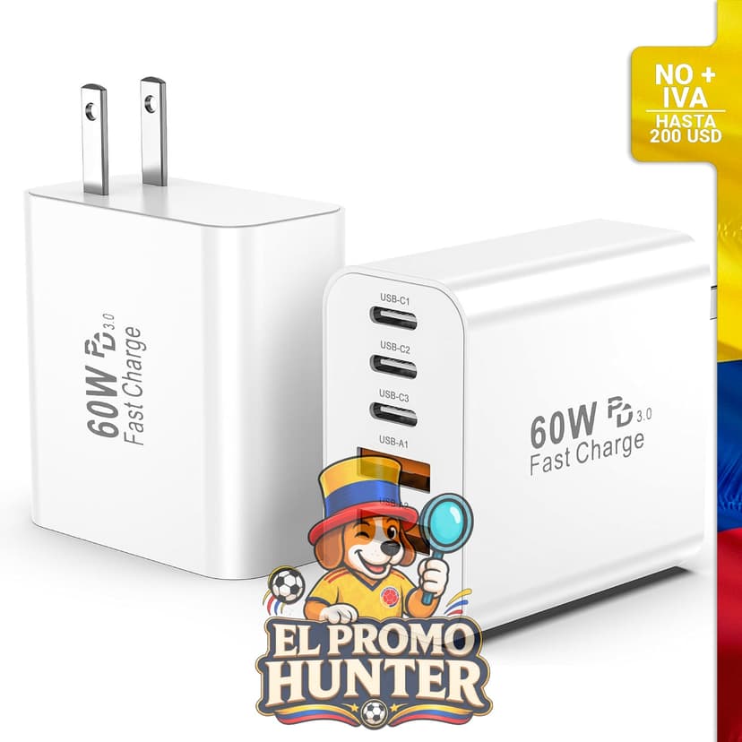 Bloque de carga rápida USB C, 60 W, 2 USB A y 3 USB C PD3.0, adaptador de corriente.