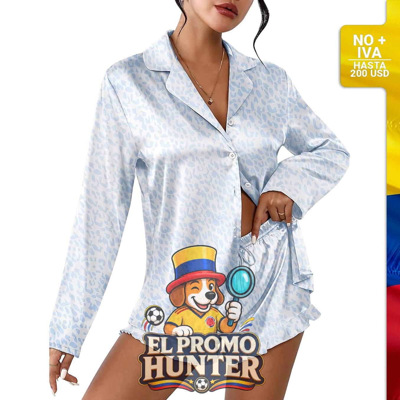 Conjunto de pijama de satén para mujer, incluye top de manga larga y shorts, diseño abotonado.