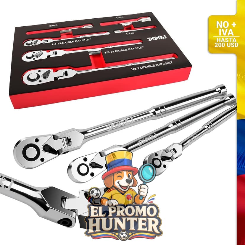 Juego de trinquete flexible de 6 piezas, transmisión de 1/4", 3/8", 1/2", con barra de extensión y 72 dientes.