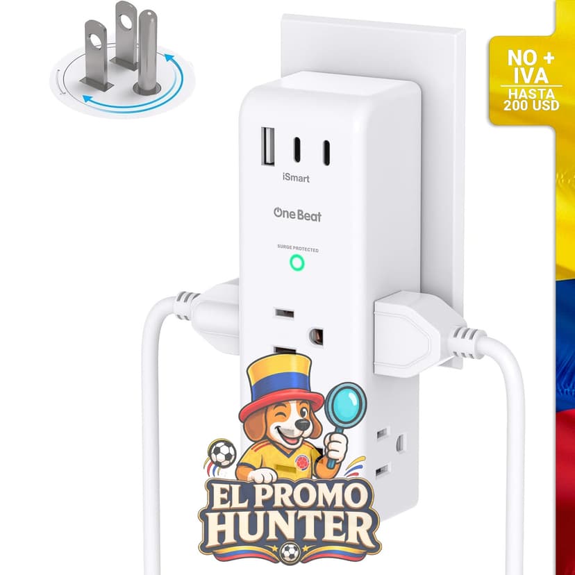 Protector contra sobretensiones con 6 enchufes AC y 3 puertos USB (2 USB-C), 1800 J.