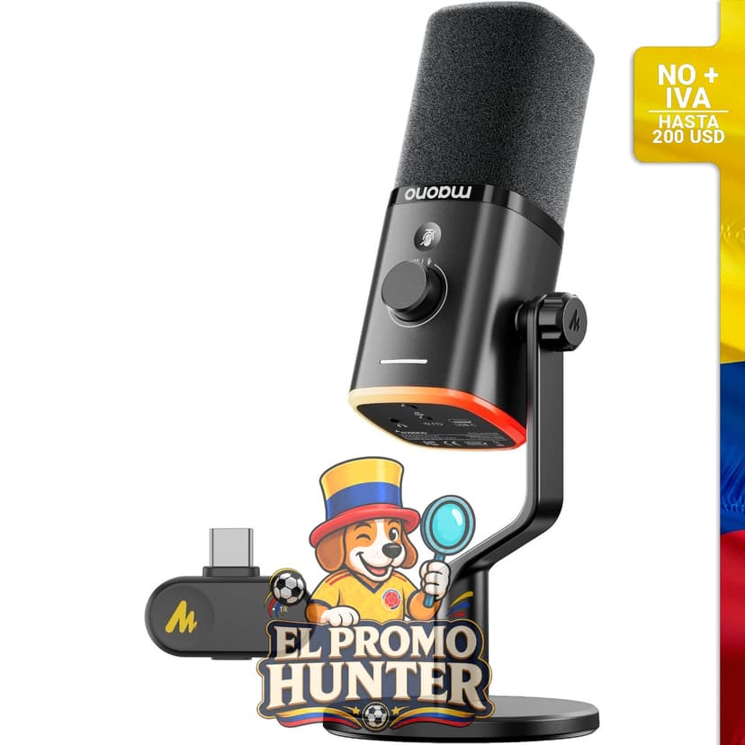 Micrófono dinámico USB inalámbrico MAONO PD100W para PC, con reducción de ruido, botón de silencio y conector de auriculares de 3.5 mm.