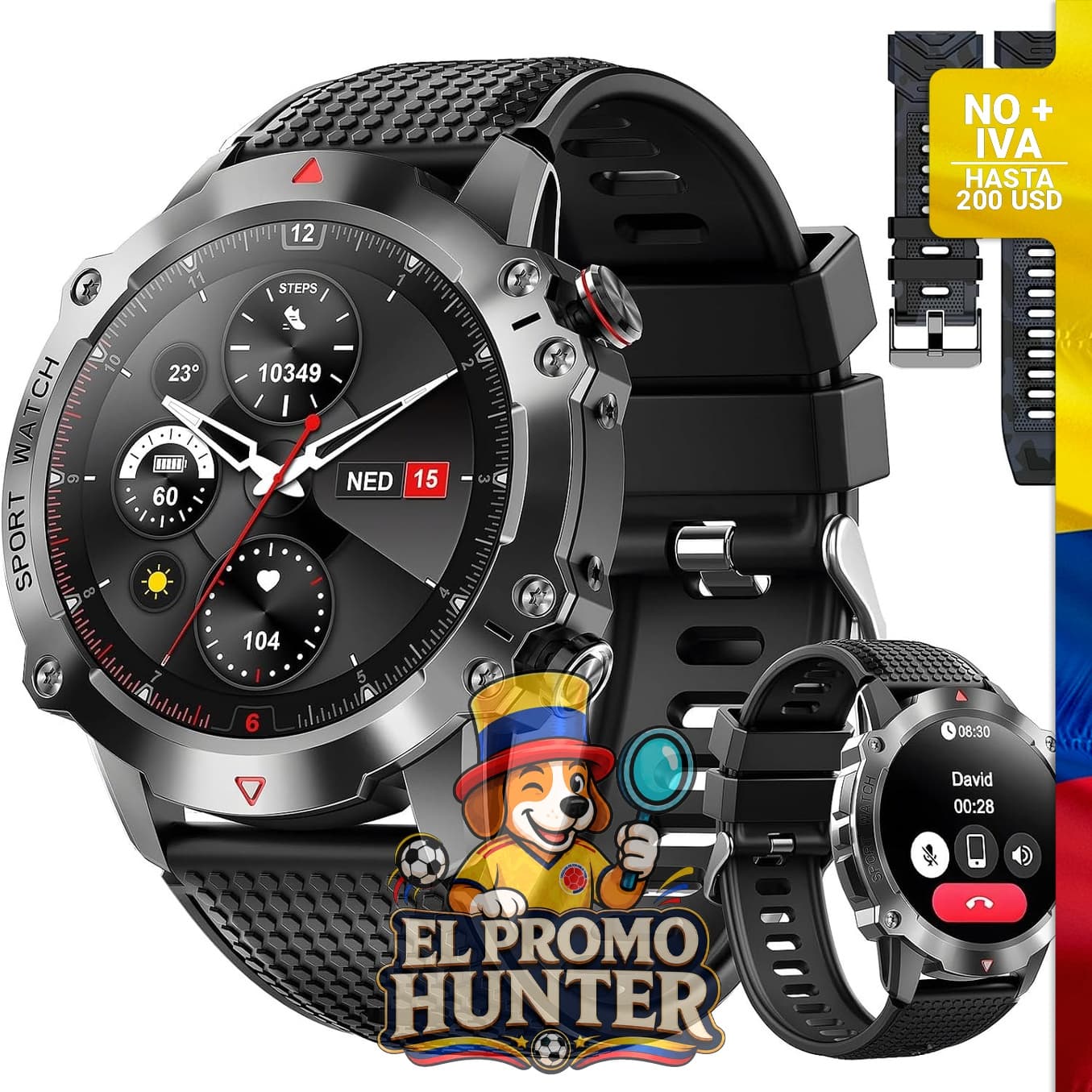 Reloj militar con pantalla de 1.39” (3.53 cm) y GPS integrado.
