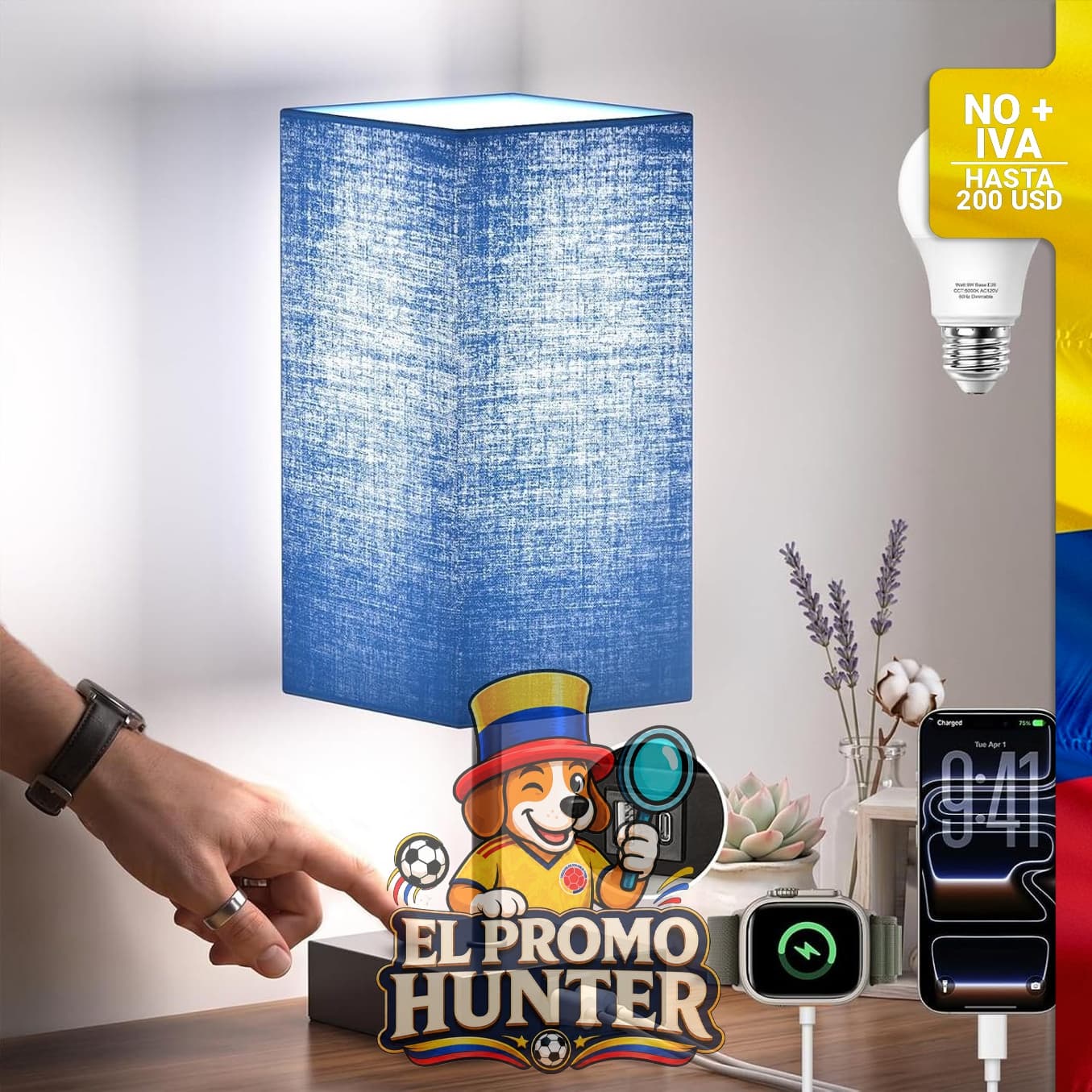 Lámpara de mesita de noche con puertos de carga USB y salida de CA, pantalla de tela cuboide de lino.