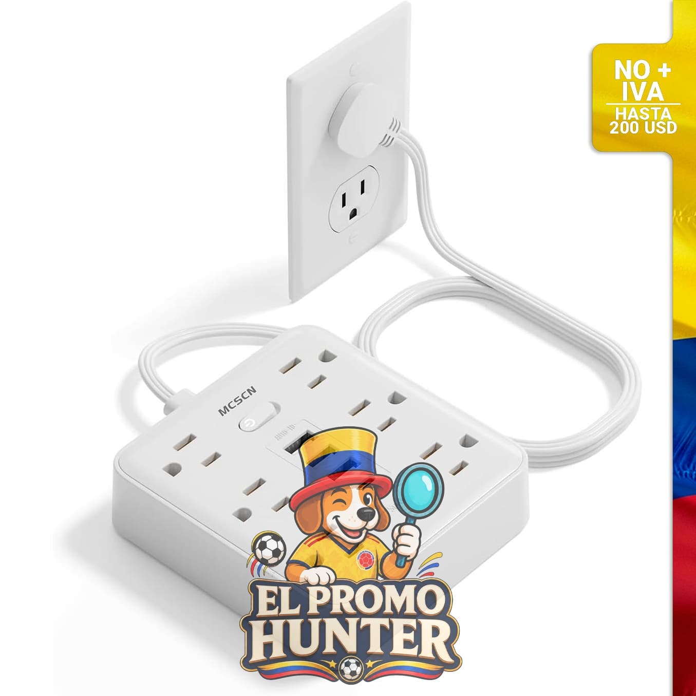 Regleta de alimentación portátil con 6 tomas AC y 4 puertos USB (3 USB-A + 1 USB-C), 5 pies (1.5 m) de cable.