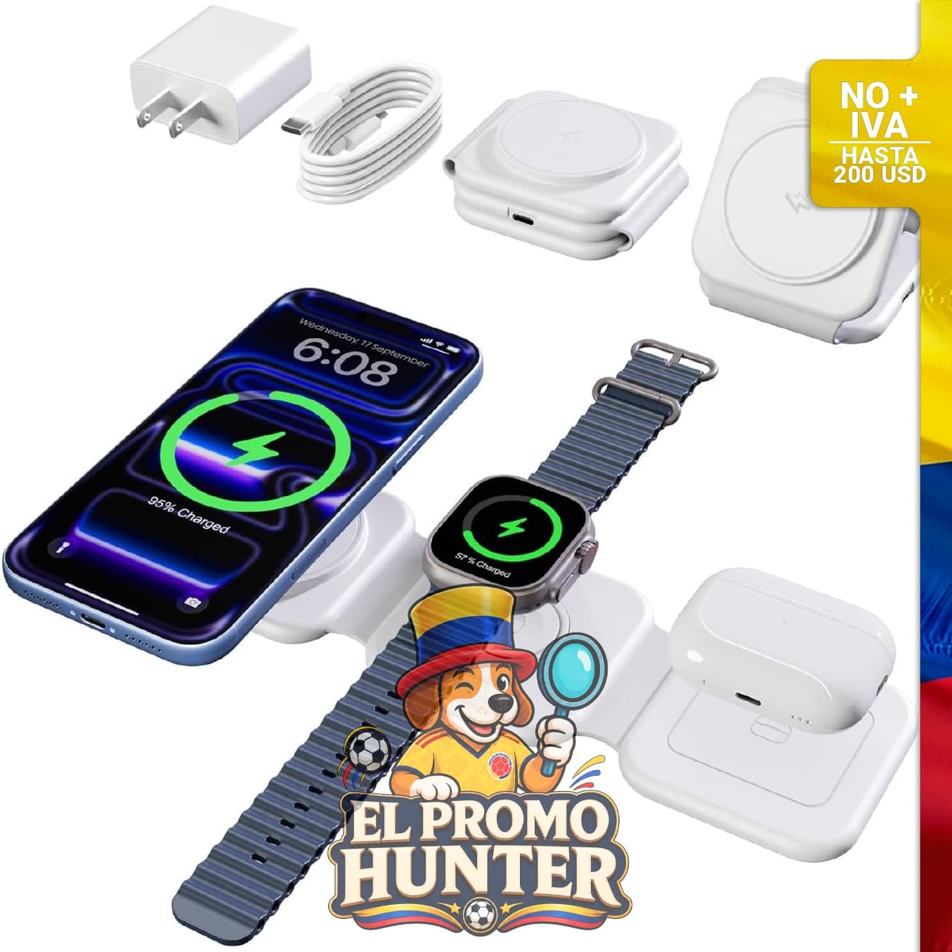 Estación de carga inalámbrica magnética 3 en 1 de 15 W para dispositivos Apple.
