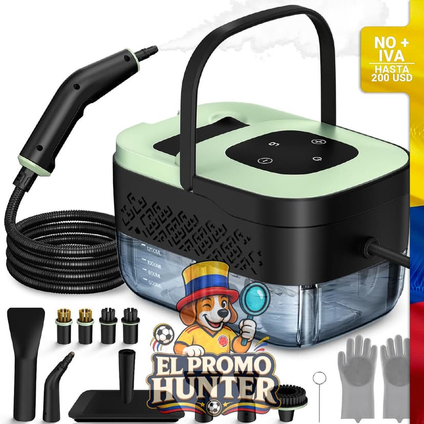 Limpiador a vapor portátil con 16 accesorios, 6 niveles ajustables y calentamiento en 15 segundos.