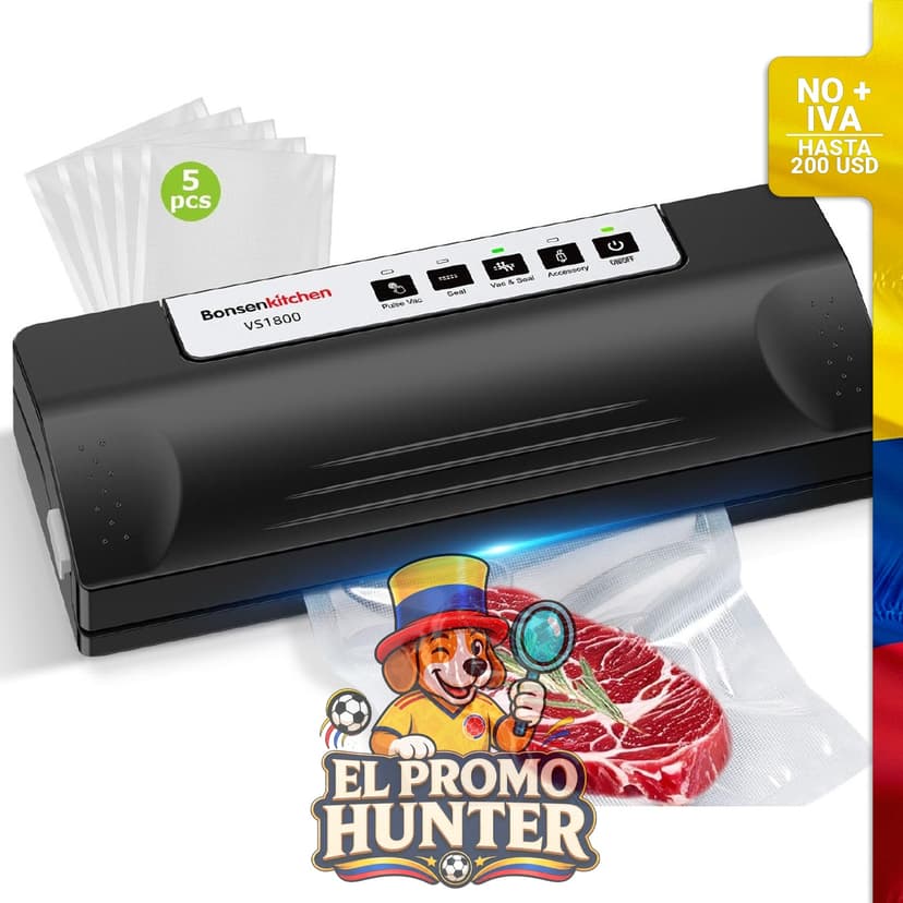 Máquina selladora al vacío Bonsenkitchen, color negro-plata, succión de 65 kPa, incluye 5 bolsas de vacío.