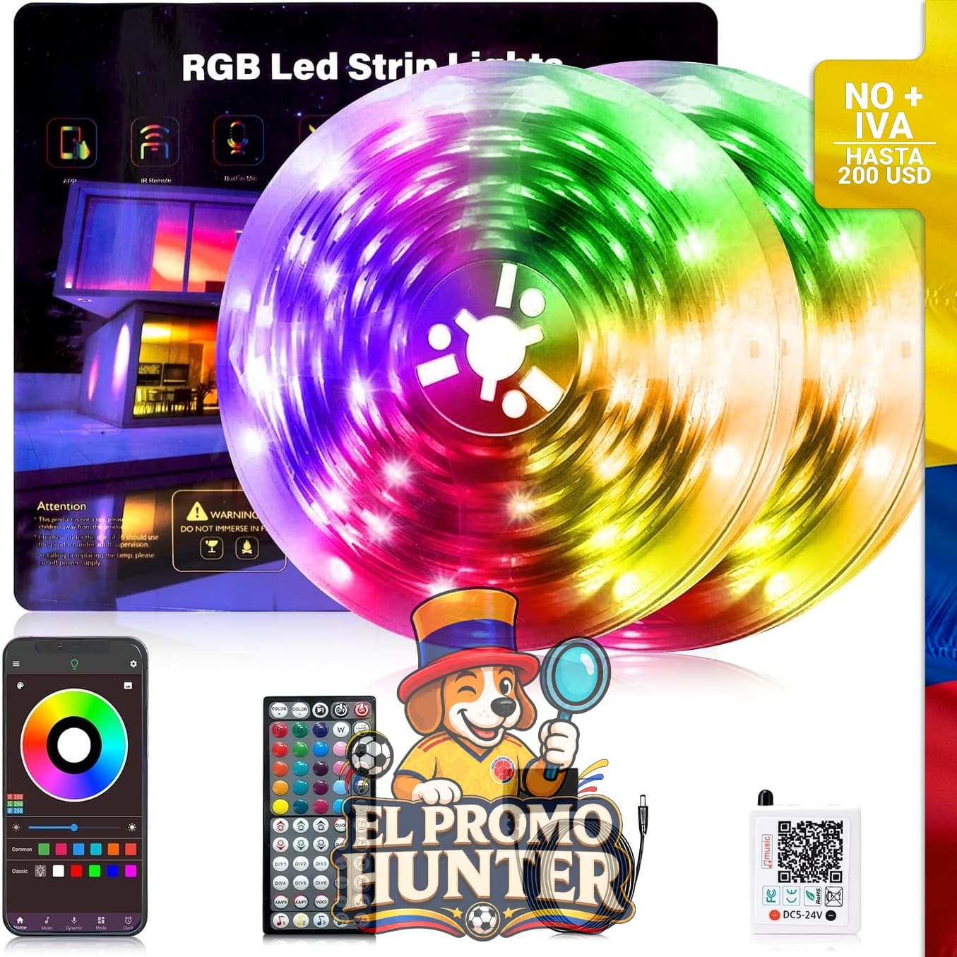 Tira de luces LED NBBUFF de 200 pies (61 m), RGB, controladas por aplicación y sincronizadas con música.