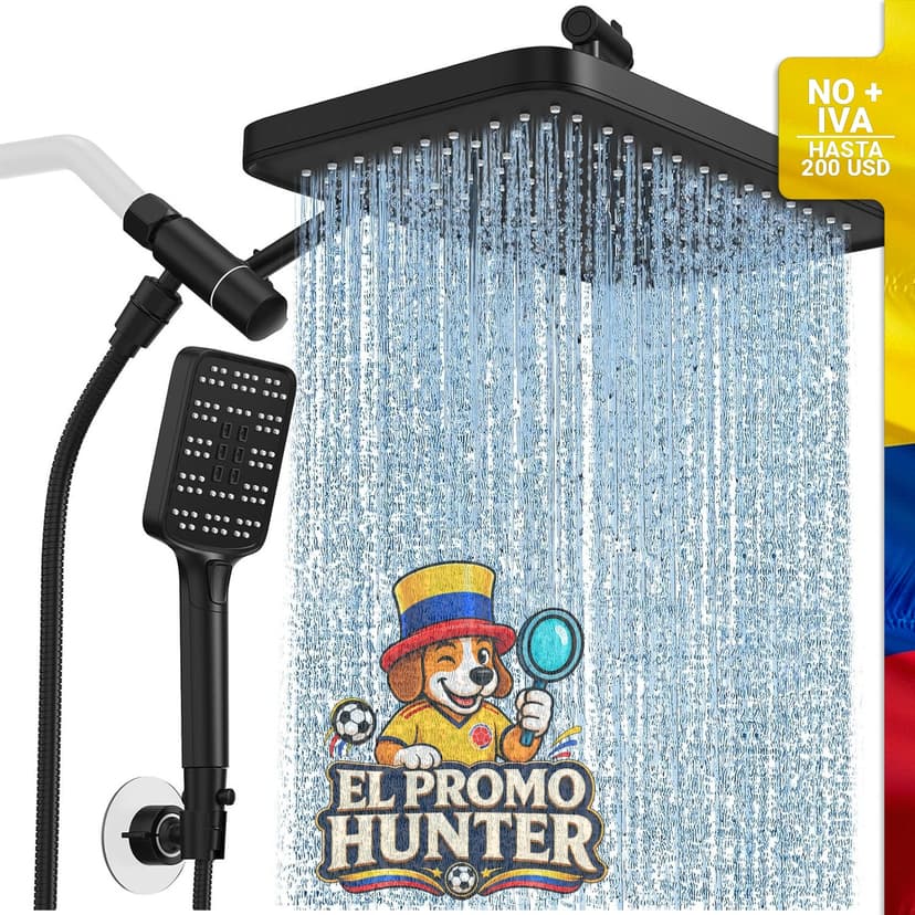 Juego combinado de cabezal de ducha de lluvia y rociador de mano, 12" (30.48 cm), color negro mate.
