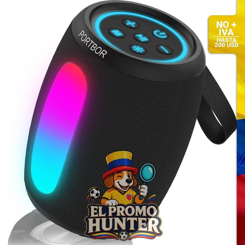 Altavoz Bluetooth portátil con sonido estéreo, 8 modos de luz y tiempo de reproducción de 36 horas.