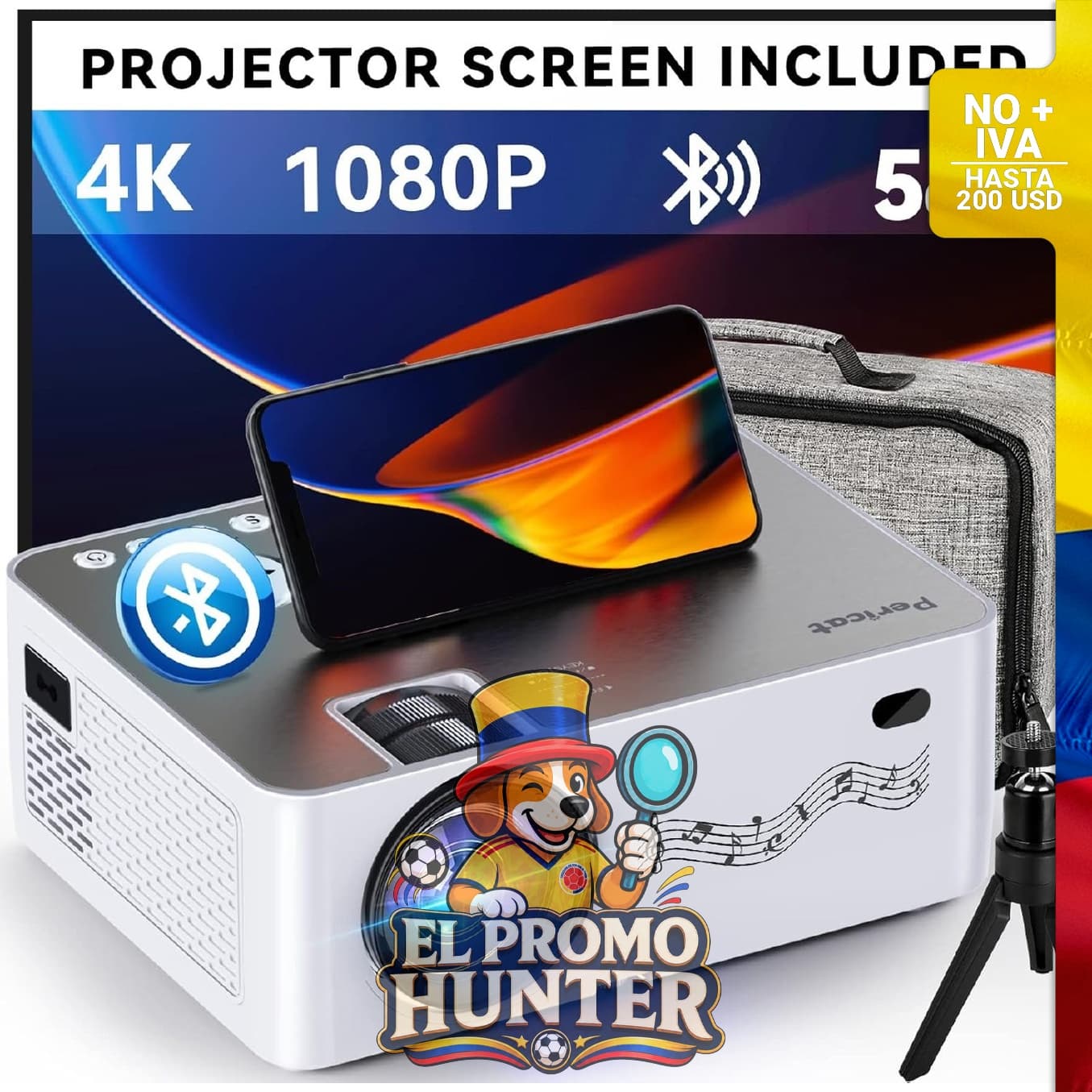 Proyector Native 1080P con WIFI y Bluetooth, compatible con 4K y 230 ANSI, incluye pantalla de 100" y trípode.