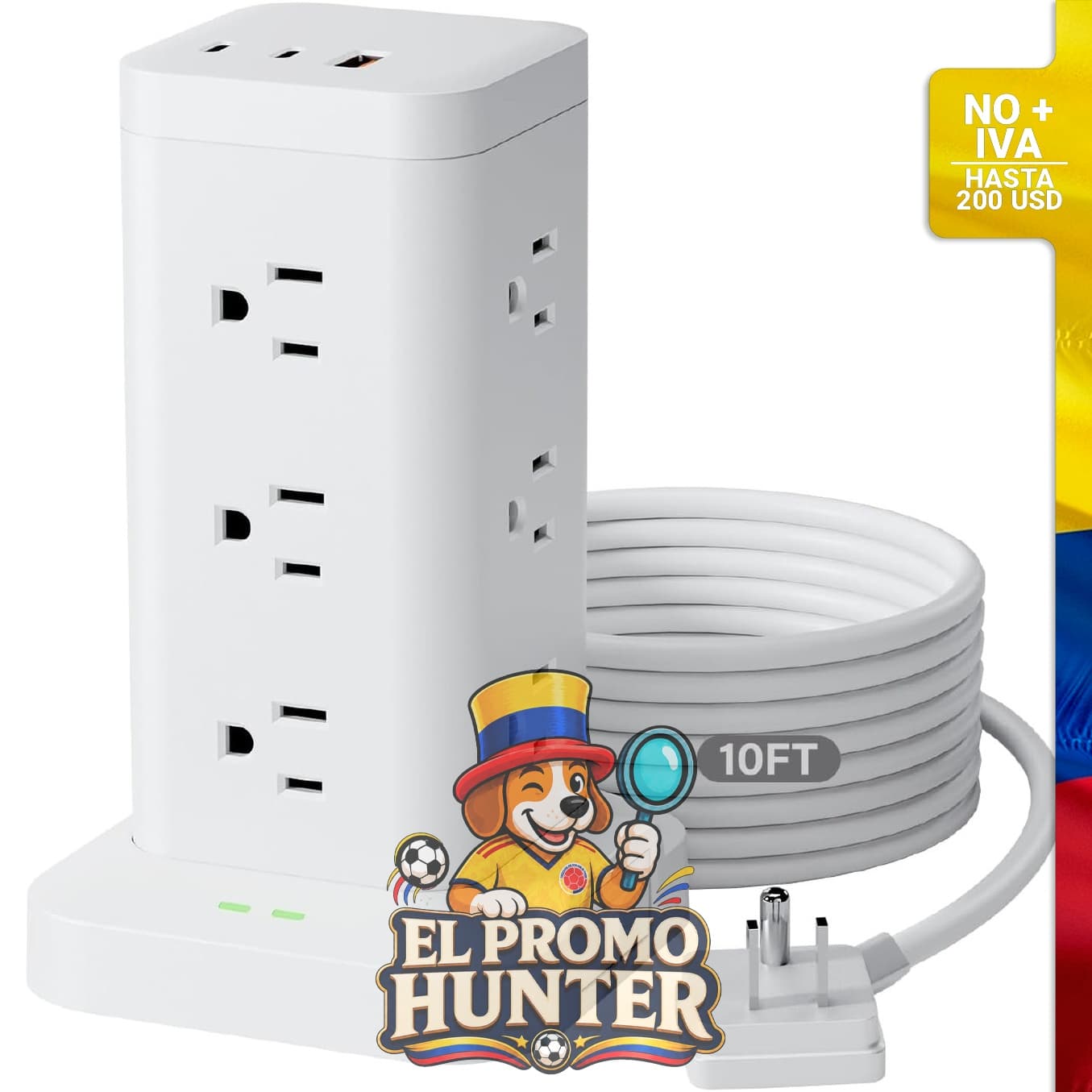 Regleta de alimentación con 12 tomas de CA y 4 puertos USB-C PD20W, incluye cable de extensión de 3 m.