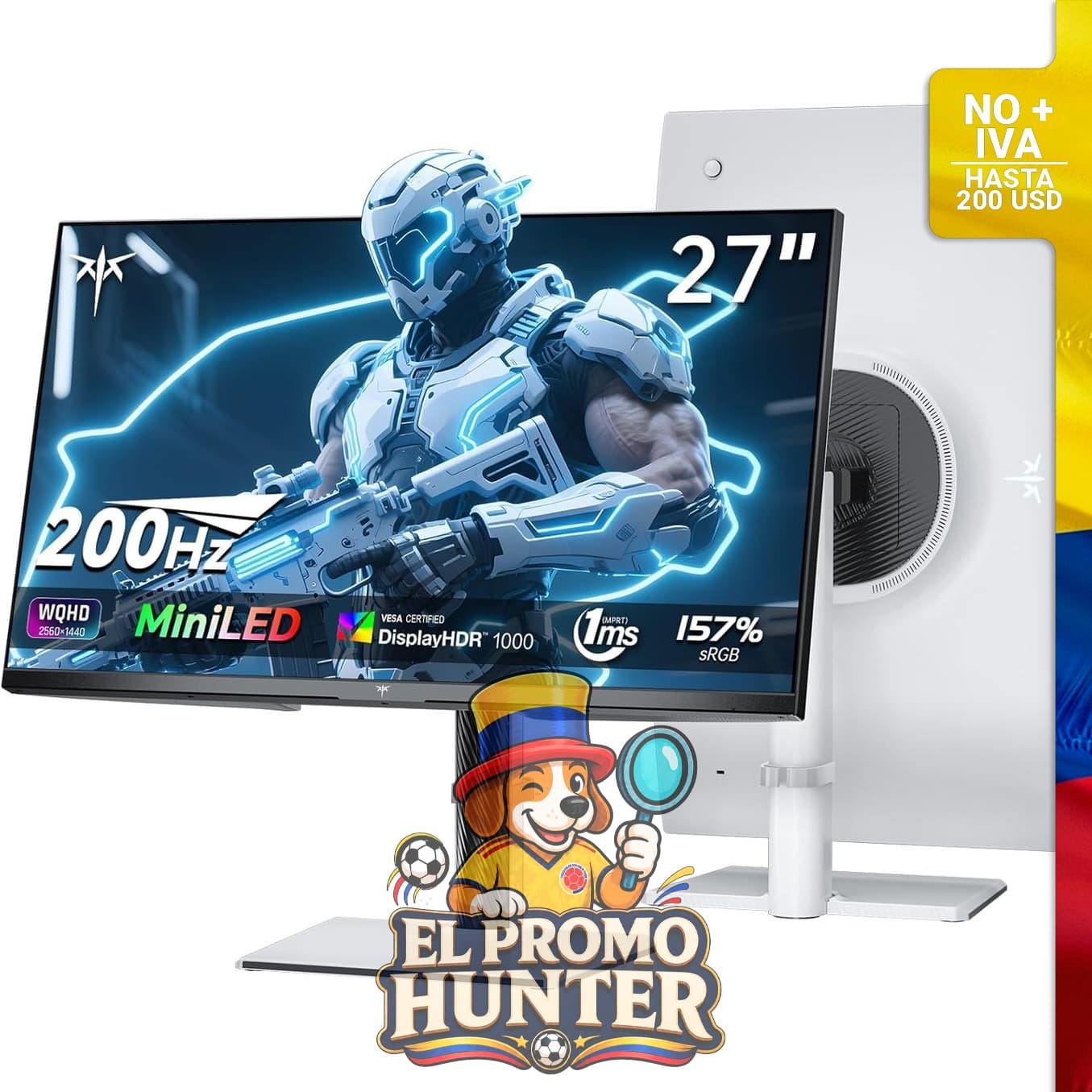 Monitor KTC de 27" (68,6 cm) LED, resolución 1440P, frecuencia de 200Hz, HDR 1000, conexiones HDMI y DP, ajustable en altura, giro, inclinación y pivote, compatible con VESA.