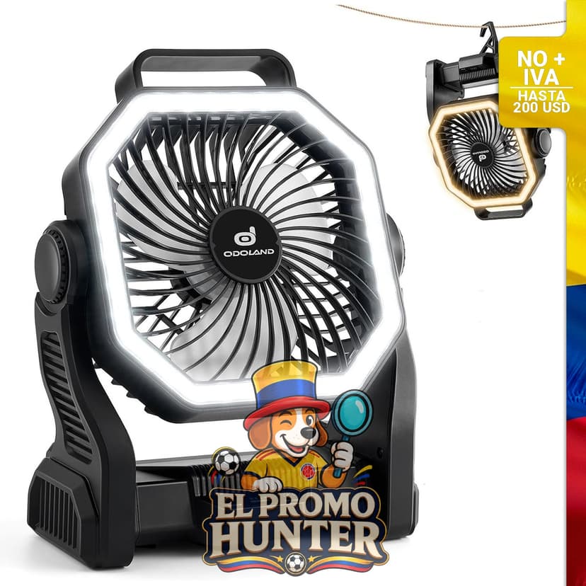 Ventilador recargable portátil Odoland de 20000 mAh con linterna LED, 4 velocidades y luz de 3 colores.