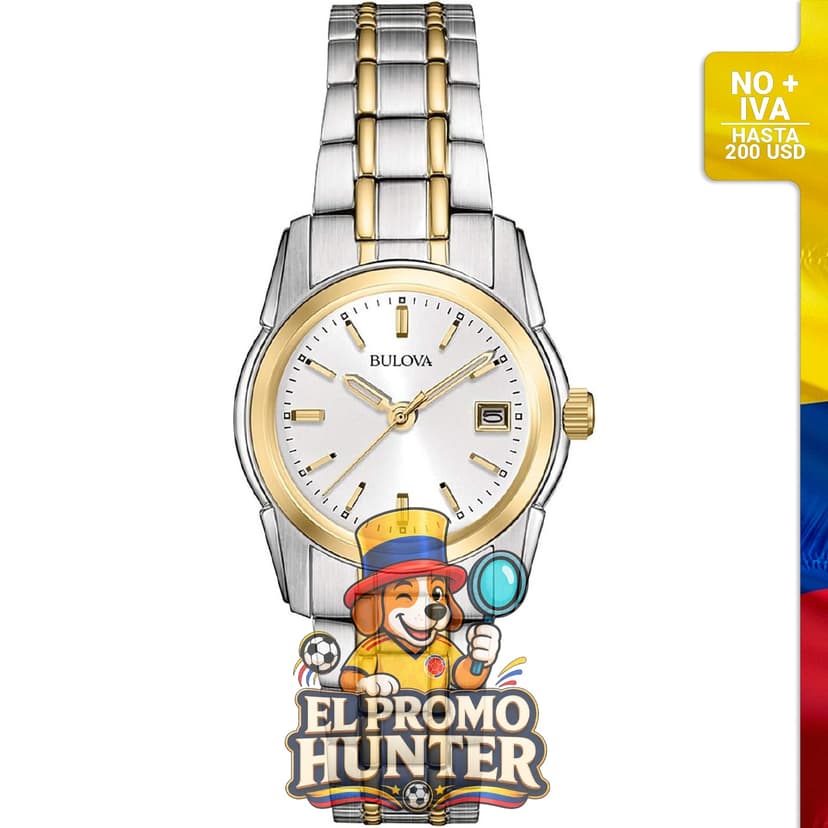 Reloj de mujer Bulova de acero inoxidable bicolor, tres manecillas, con fecha y calendario, esfera plateada y blanca.
