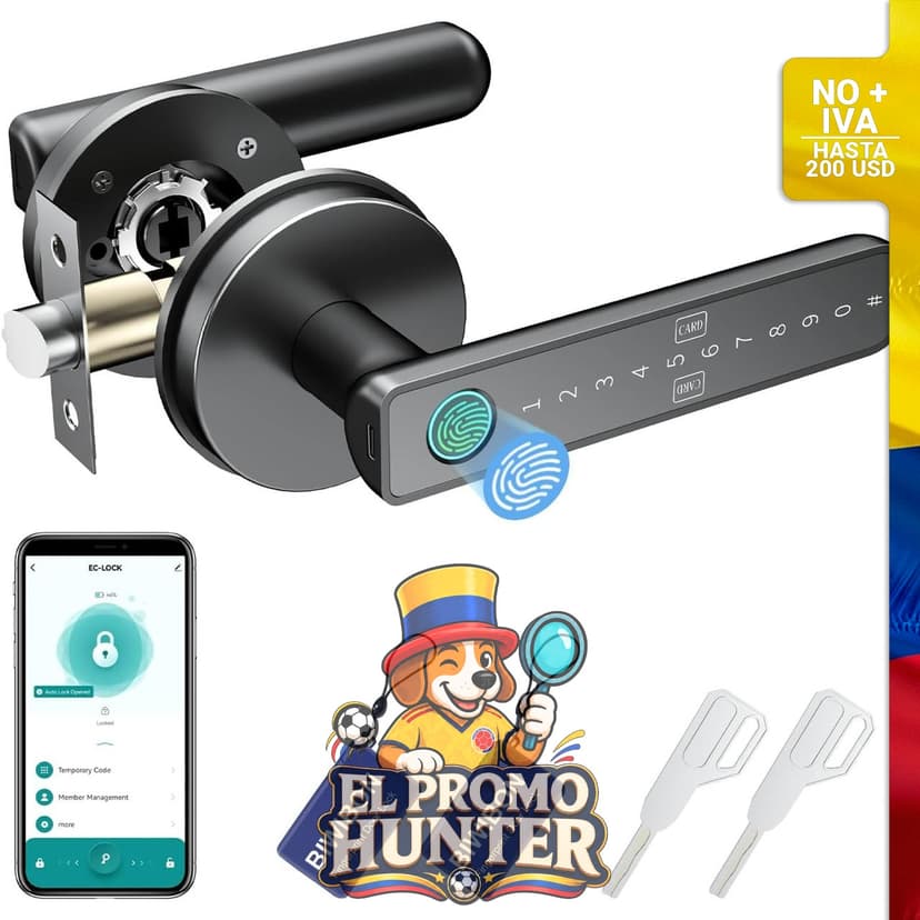 Cerradura de puerta de huellas dactilares con 5 métodos de desbloqueo, incluye código antiespía y bloqueo automático ajustable.