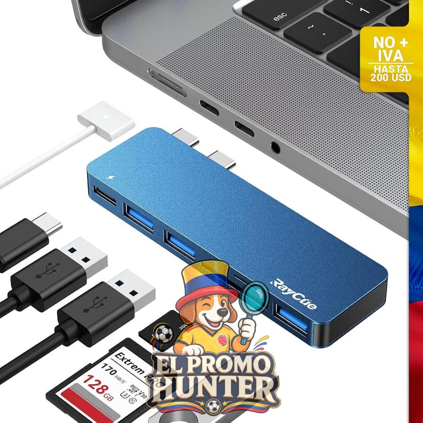 Adaptador USB C Hub RayCue para MacBook Pro/Air M1 M2 M3, 6 en 2 con 3 puertos USB 3.0 y lector.