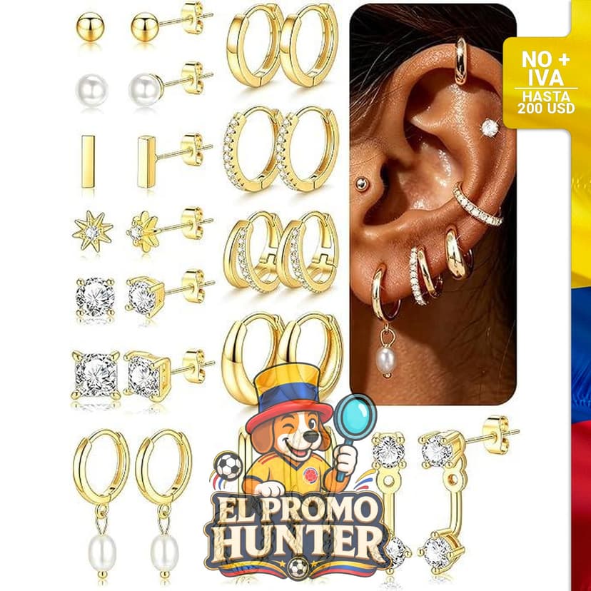Juego de 13 pares de aretes de oro hipoalergénicos, chapados en oro de 14 quilates, tipo dormilona y arracadas.