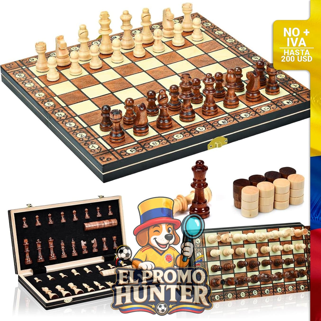 Juego de ajedrez magnético de madera de 15" (38 cm), plegable, incluye almacenamiento y 2 reinas adicionales.