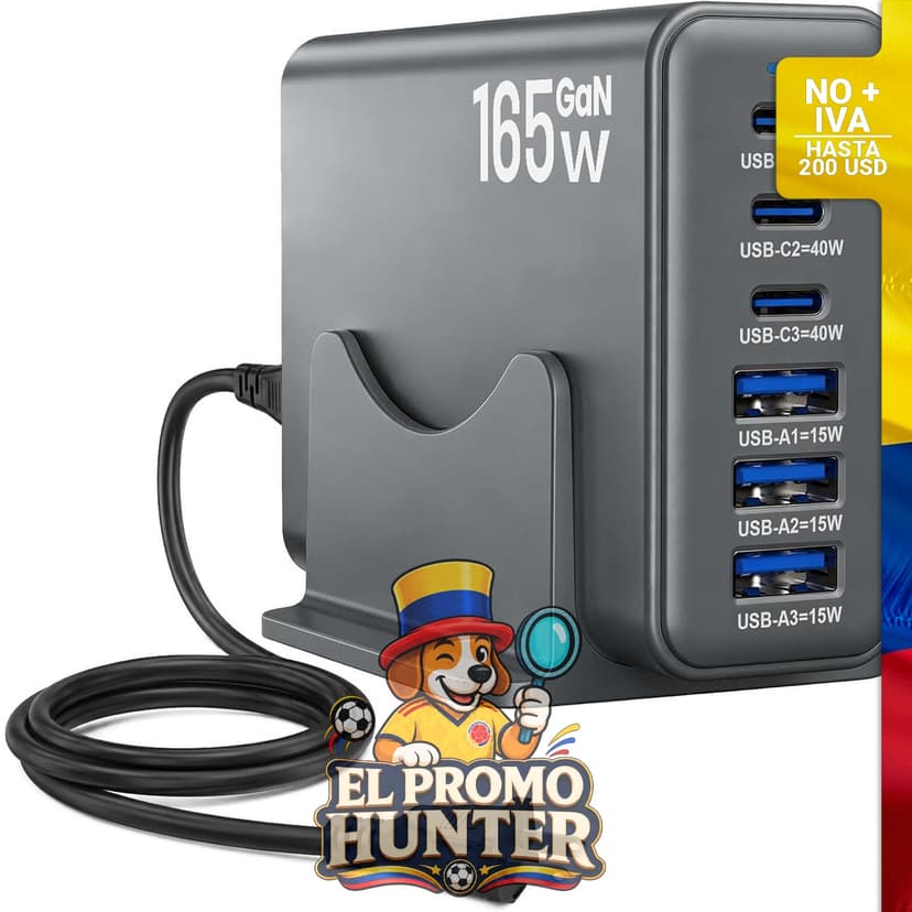 Estación de carga GaN de 165W con 6 puertos USB-C y USB-A, fabricada en ABS+PC.