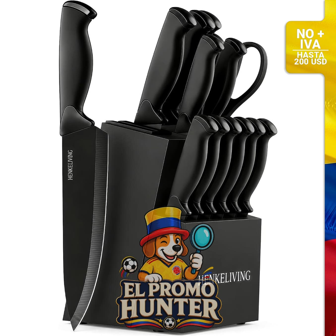 Juego de bloques de cuchillos de cocina de 14 piezas con afilador, acero inoxidable de alto carbono.