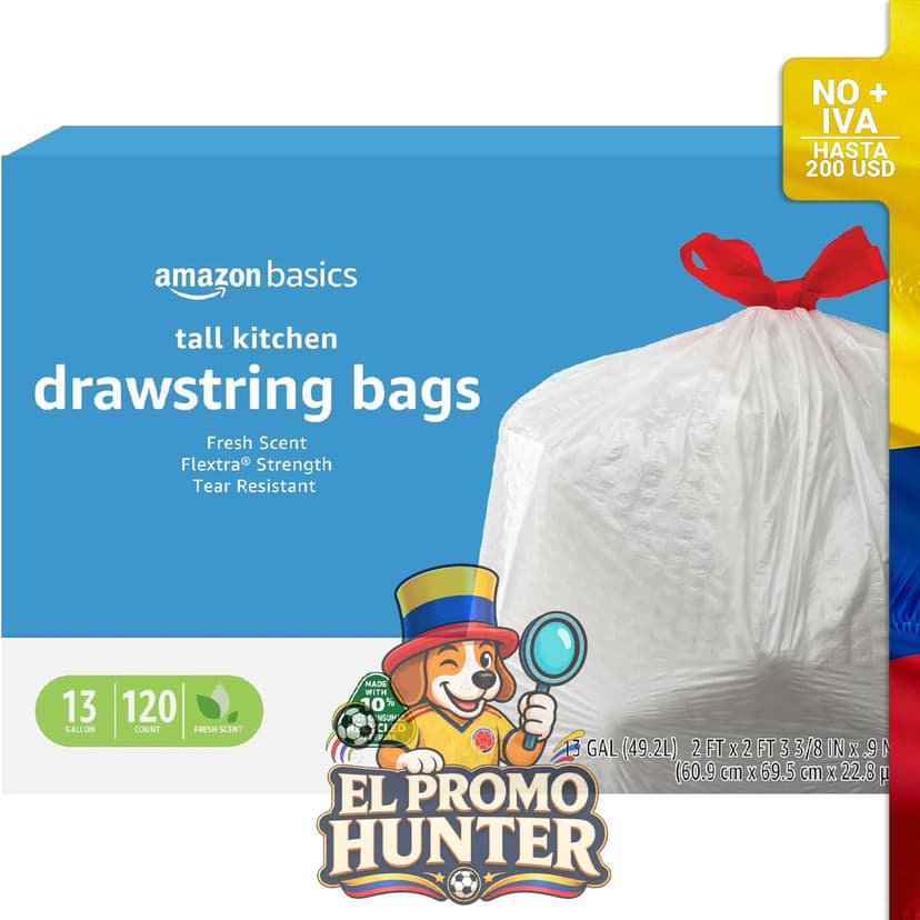 Bolsas de basura Amazon Basics de 49 L, paquete de 120 unidades.