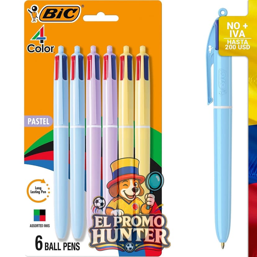 Bolígrafo BIC de 4 colores pastel, paquete de 6 unidades.