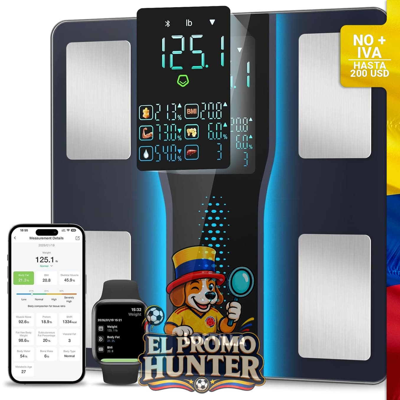 Báscula inteligente LOFTILLA con 14 métricas de composición corporal, pantalla grande y sincronización con aplicación de fitness.