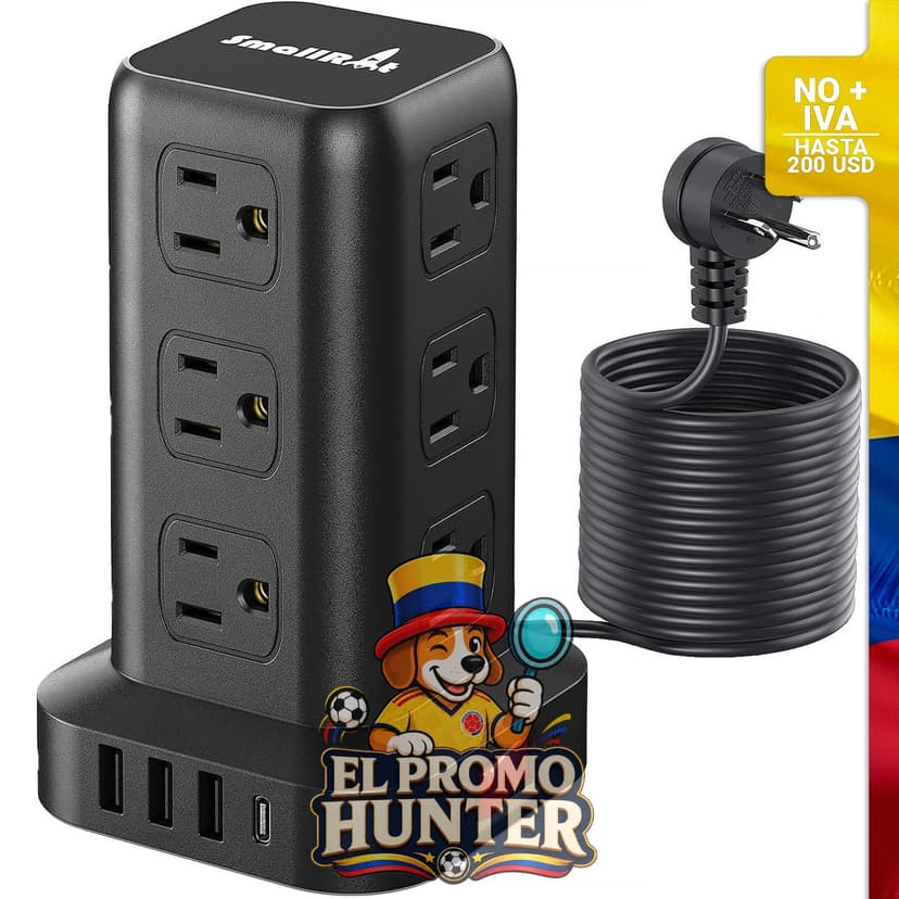 Torre de protección contra sobretensiones con 12 enchufes AC y 4 puertos USB, longitud de 15 pies (4.57 m).