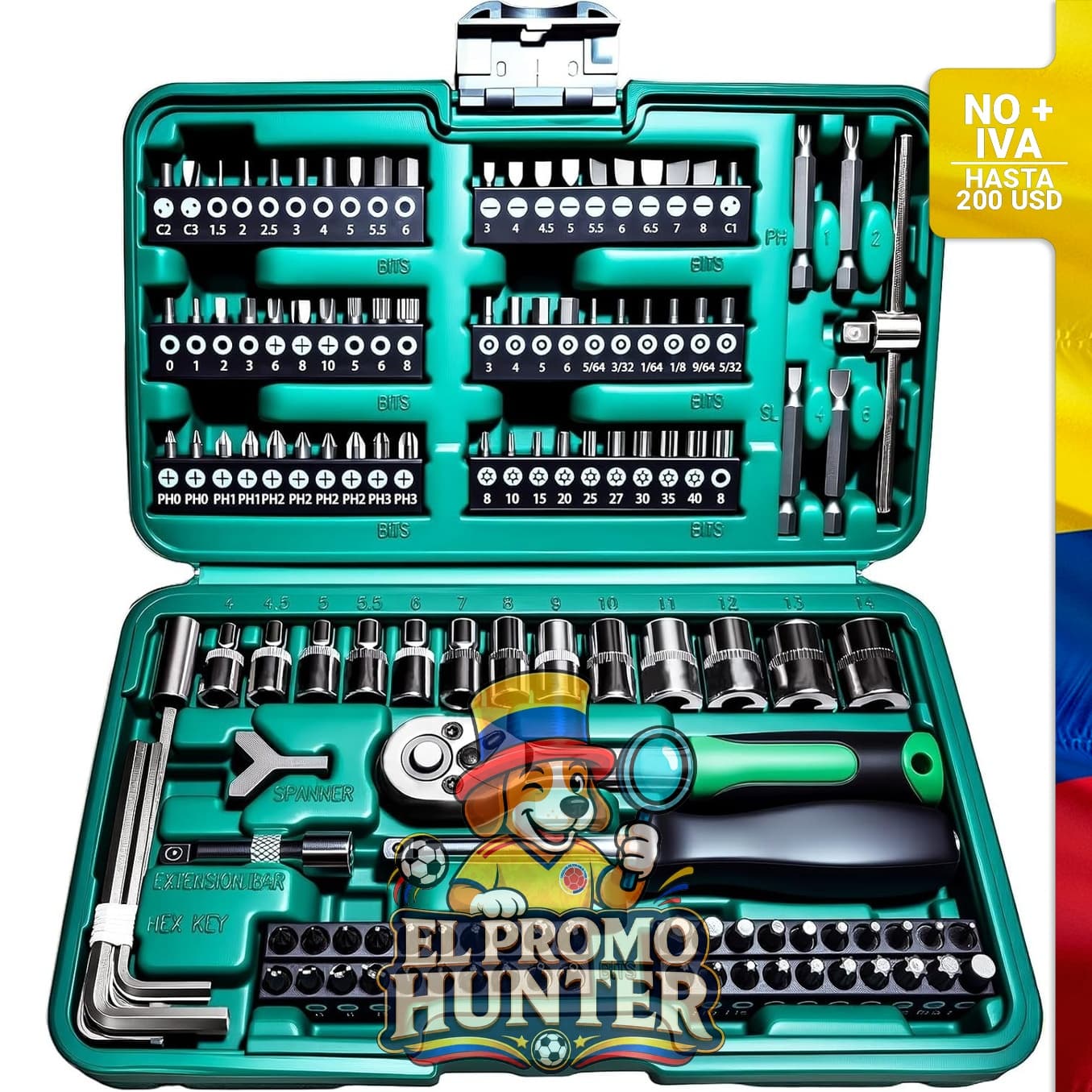 Juego de 130 piezas de llaves de carraca de 1/4" (6,35 mm) con dados métricos y barra de extensión.